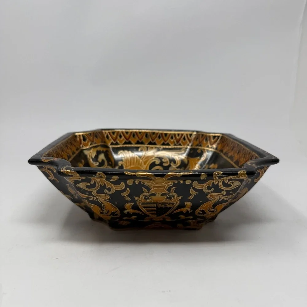 Vintage Bowl Black Gold Heraldic French Phoenix Crest‎ Square Chinoiserie 8